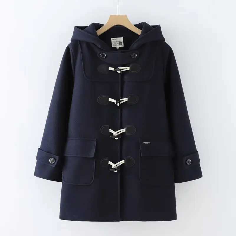 Abrigo de lana de invierno para mujer, cárdigan abierto con capucha, longitud media, tela de algodón, estilo cálido, fresco y dulce, cortavientos universitario