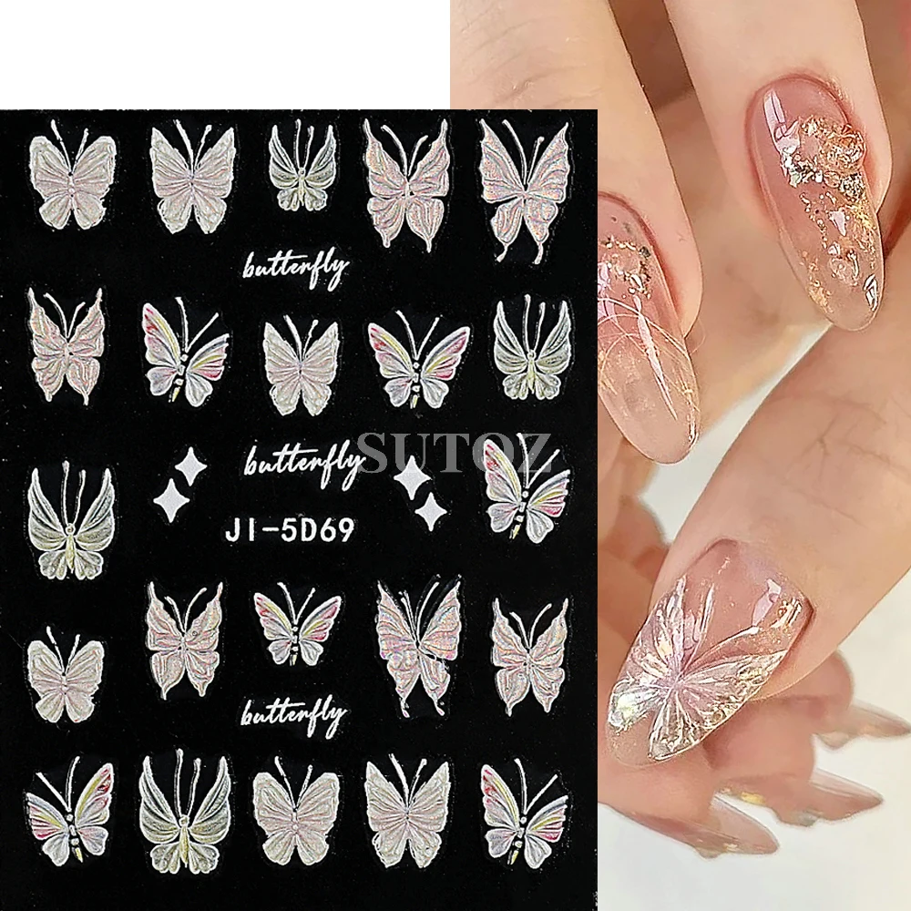 5D Embossed Aurora Butterfly Nail Stickers Laser Design Cross Stars Korean Style Nail Decals Art Manicure Decorations GLJI-5D69