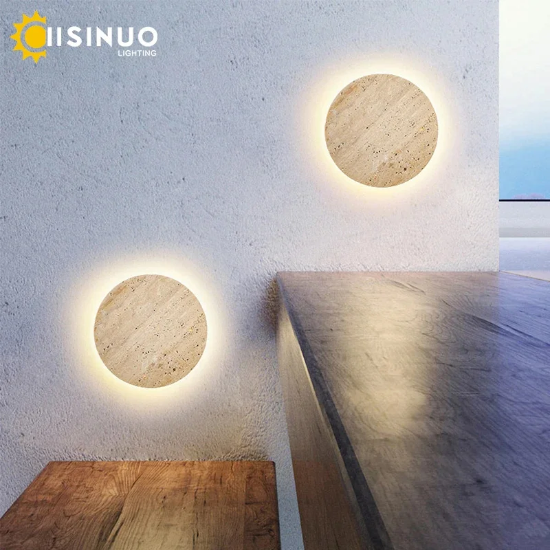 Outdoor Waterproof Wall Light LED Round Yellow Travertine Natural Stone Lamps RustProof Durable for Courtyard Garden Villa Fence