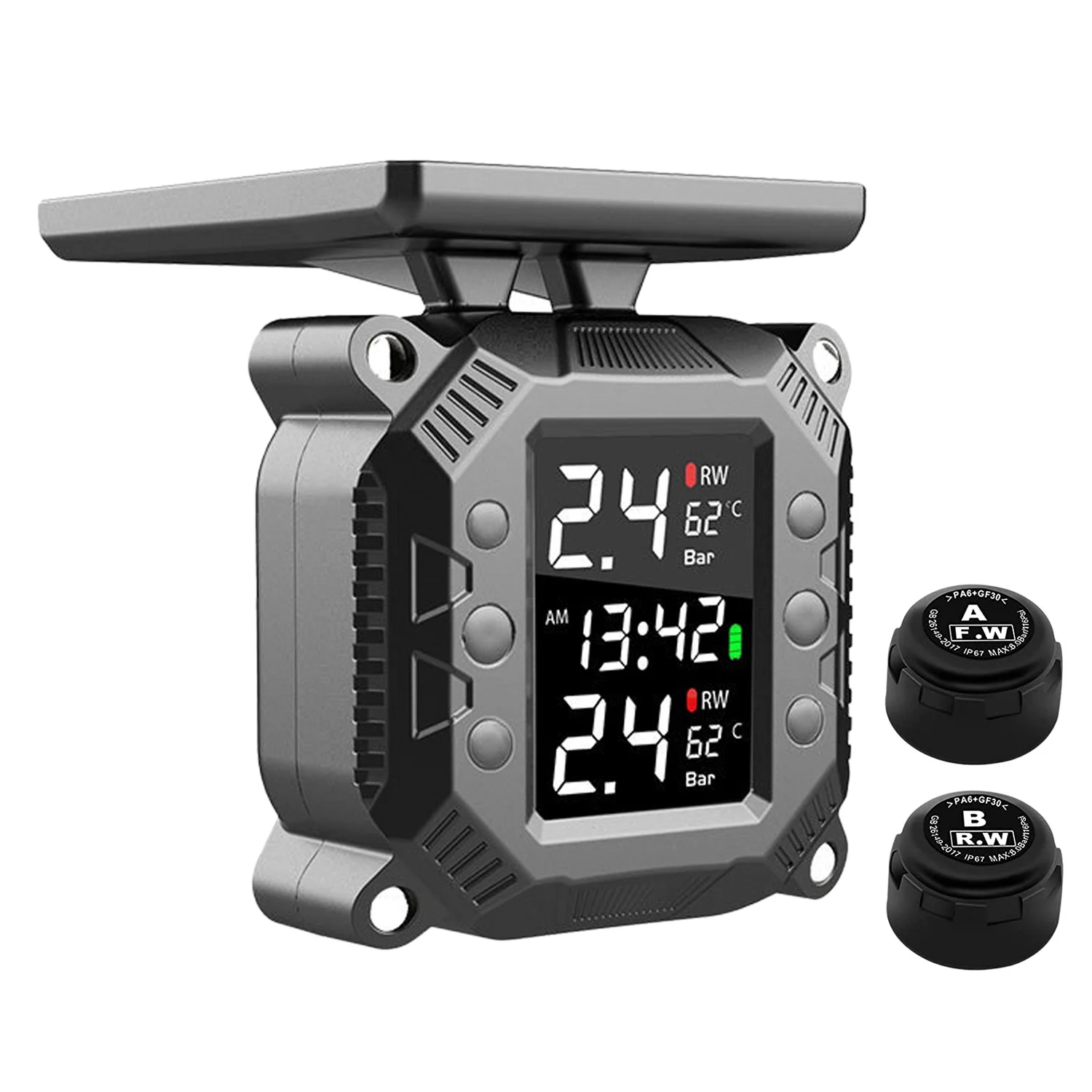 

Wireless Tire Pressure Monitoring System, 7 Alarm Modes Motorcycle Solar Charging Waterproof TPMS with External Sensors