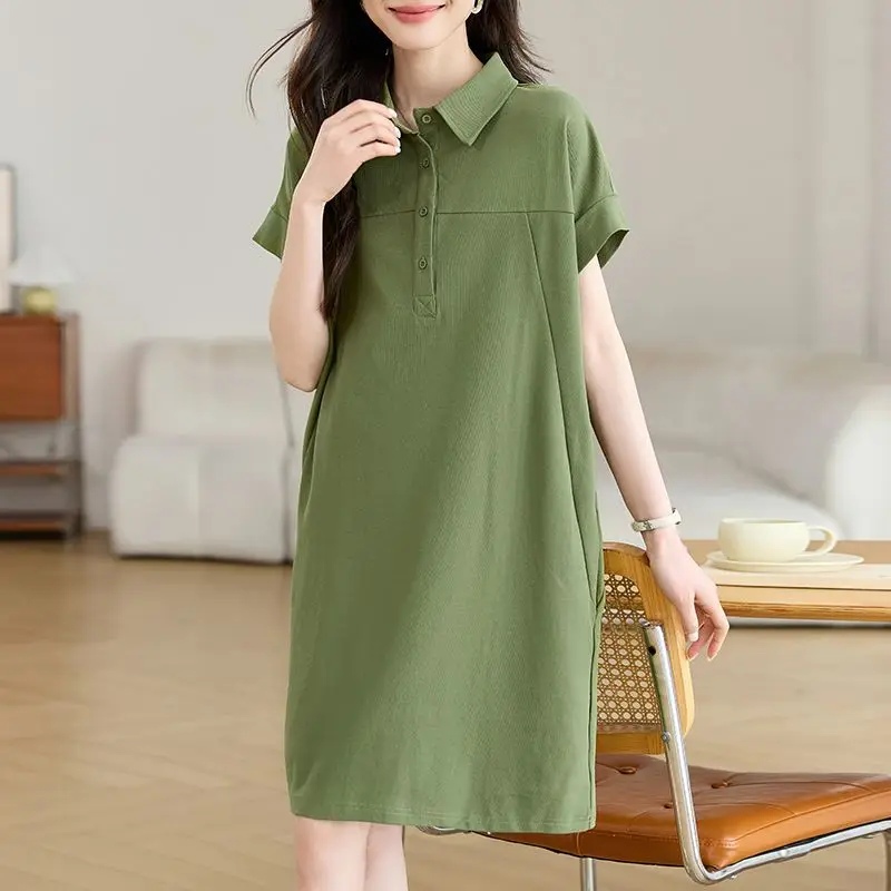 ฤดูร้อนสไตล์ใหม่ชุดลําลองปก,กระโปรงทรงเอคลุมท้องของผู้หญิง,การเดินทางขนาดบวกหลวมความยาวกลางกระโปรงเสื้อยืด