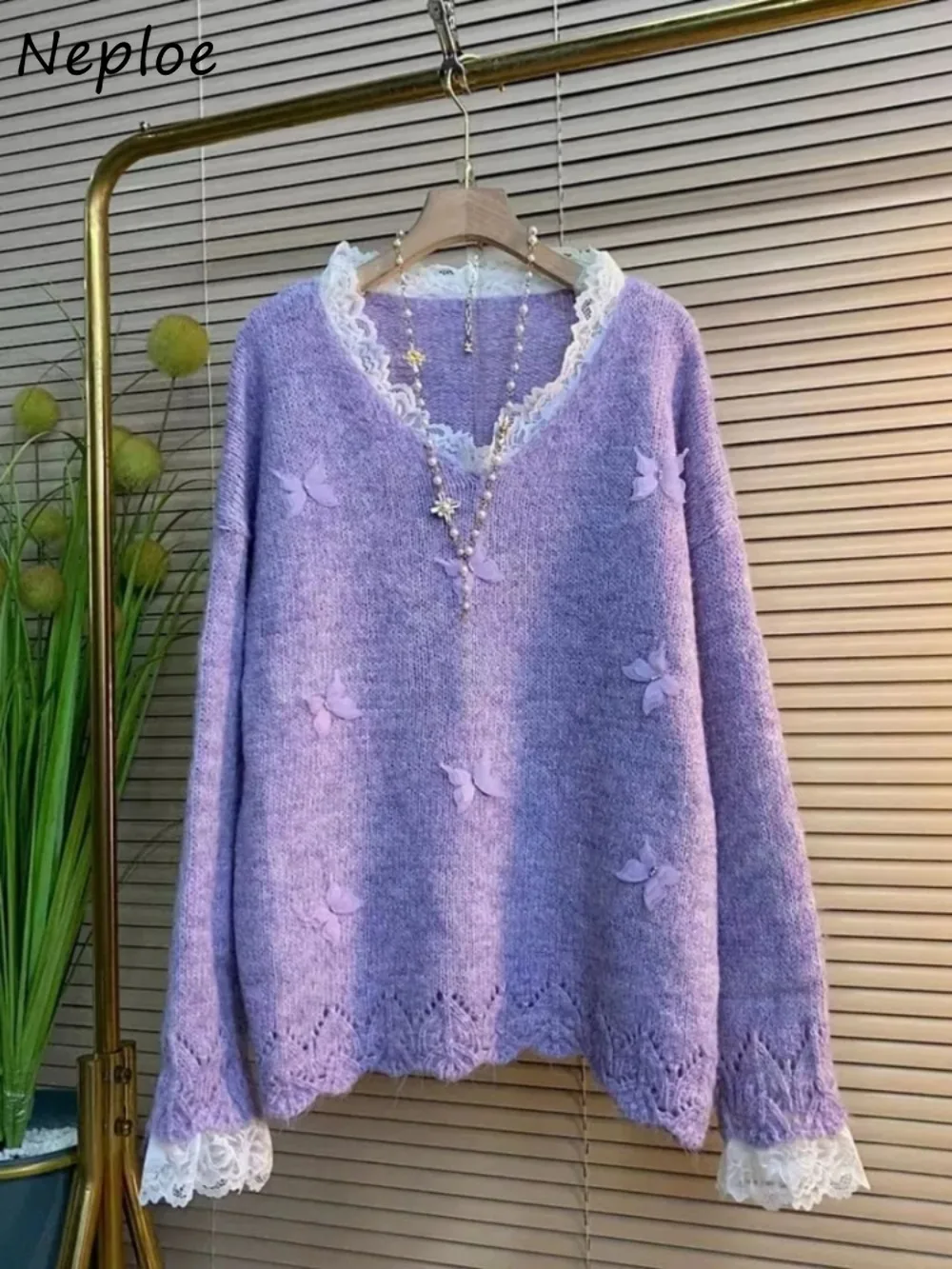 

Neploe Exquisite Lace Patchwork Heavy Pullovers Knit Korea Chic Moda All-match Knitted Sweet Simple 3D Bow Flare Sleeve Jumper