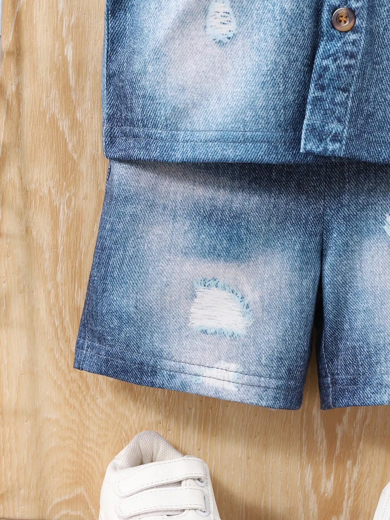 2025 New Imitation Cotton Fabric Denim Digital Print Lapel Short Sleeve Shorts Version Trend Retro For Boys Outdoor 2 Sets