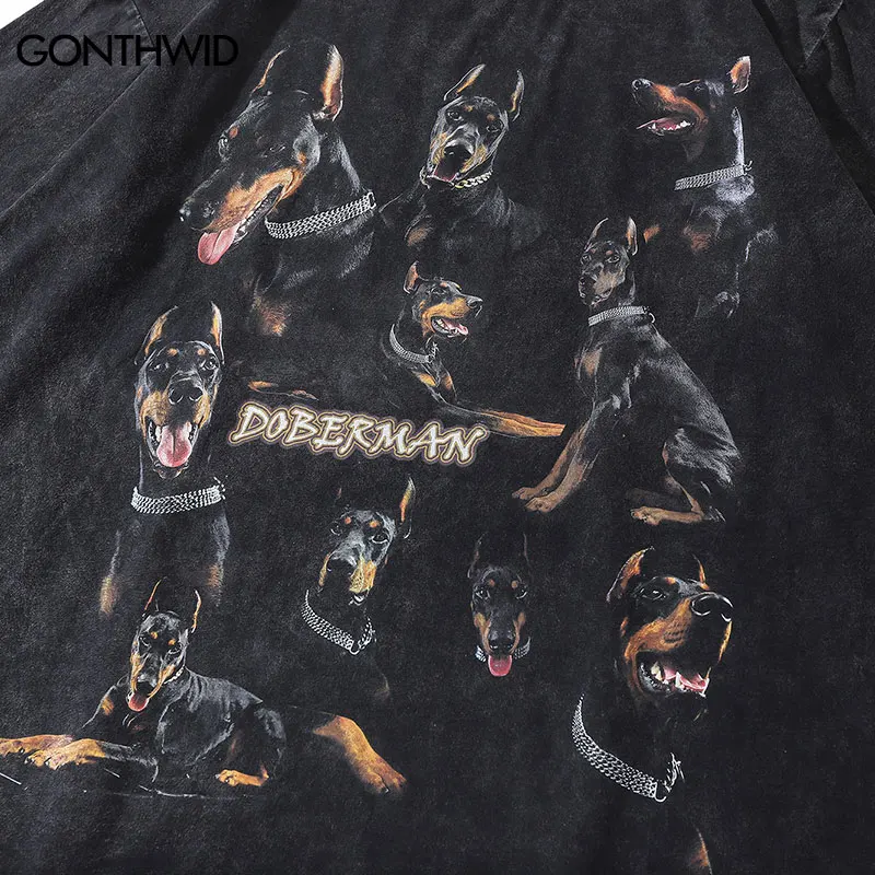 Oversize Distressed T Shirts Hip Hop Vintage Doberman Dog Print Punk Rock Gothic Tshirt Streetwear 2024 Harajuku Casual T-Shirt