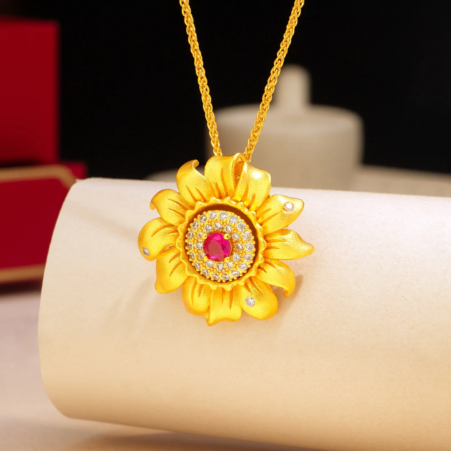 9999 gold brushed-point diamond spiral sunflower pendant in maroon red diamond, luxury light luxury rose gold pendant,