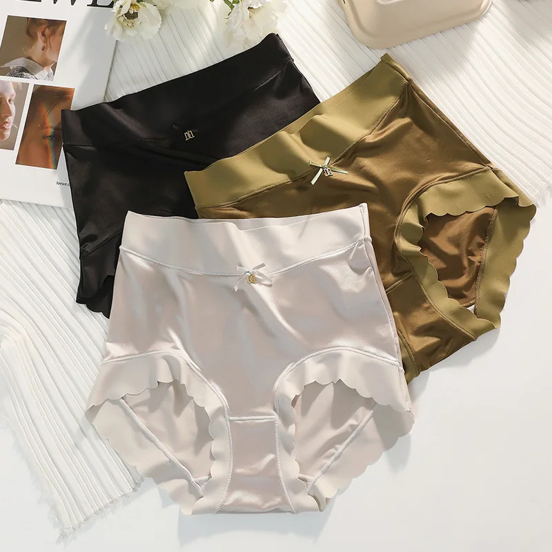 Women\'s Satin Panties Sexy Lace Underpants Luxury High Waist Solid Color Briefs Seamless Female Fashion Silky Panty Lingerie