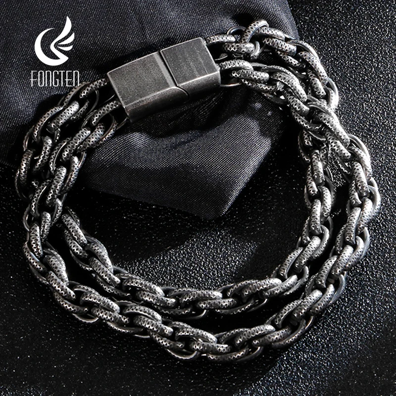 Fongten 23cm Double Layer Bracelet for Man Stainless Steel Sport Box Basket Chain Dumbbell Bangle Bracelets Male Jewelry