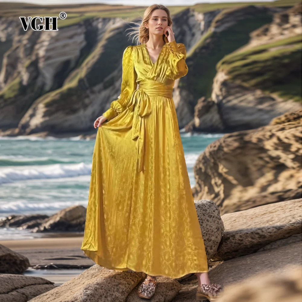 

VGH Hit Color Printing Patchwork Lace Up Dress For Women V Neck Lantern Sleeve High Waist Temperament Slimming Dresses Female