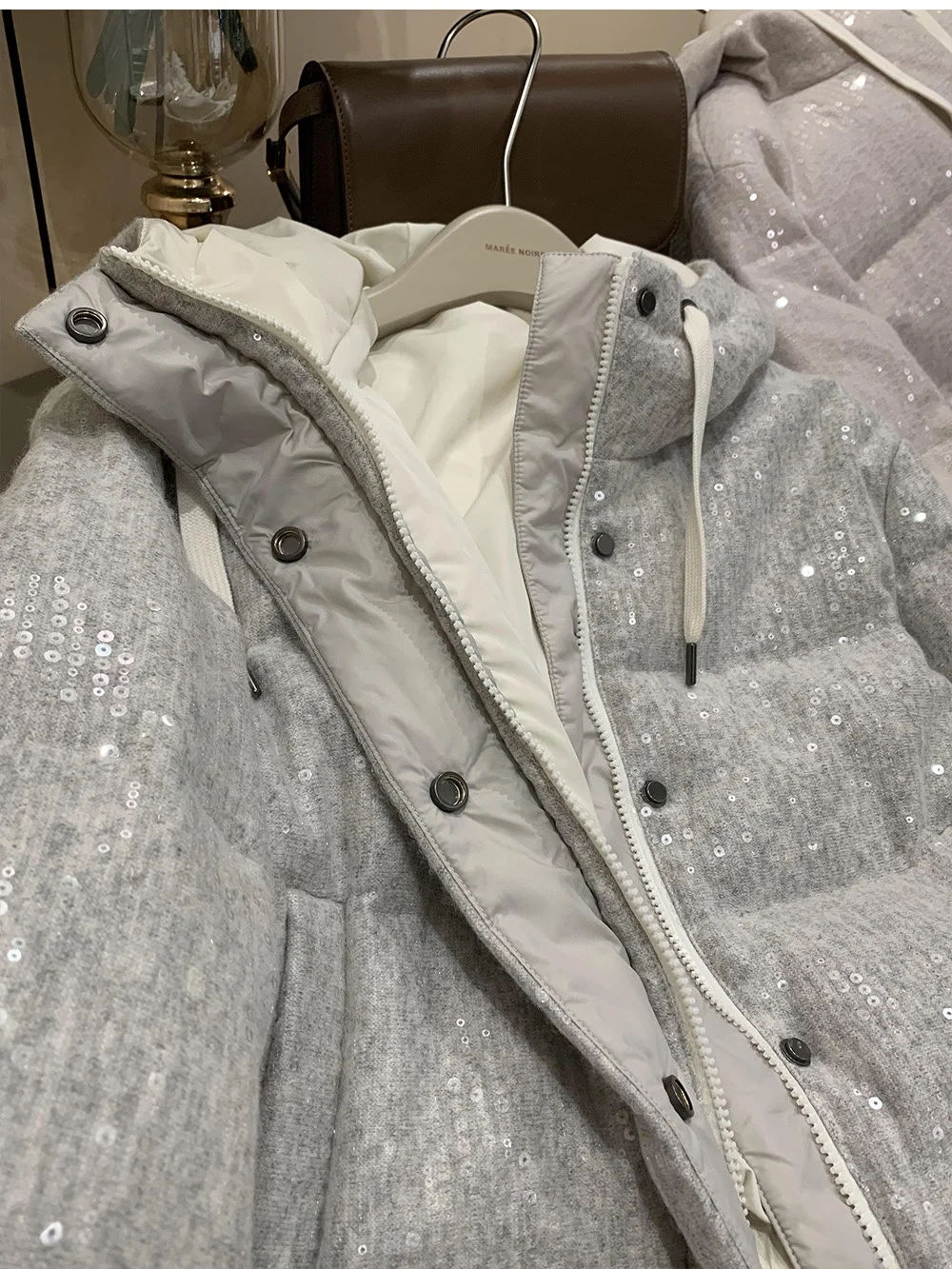 Heavy Sequined Cashmere Knitted Goose Down Jacket For Women With Hood, All-Match, Loose, Light And Warm Down Jacket