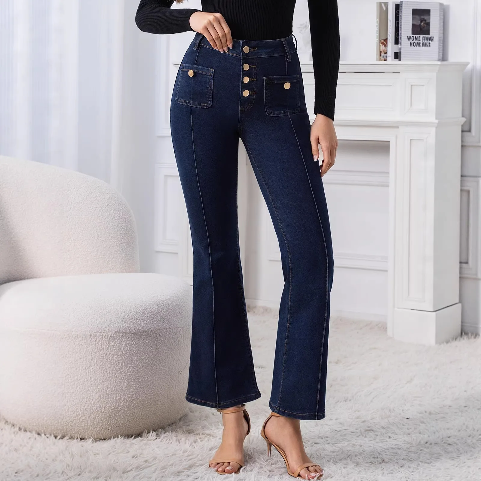 Flare Pants Jeans Women High Waist Stretch Boot Cut Buttons Vintage Distressed Pockets Washed Y2k Denims Trousers Streetwear