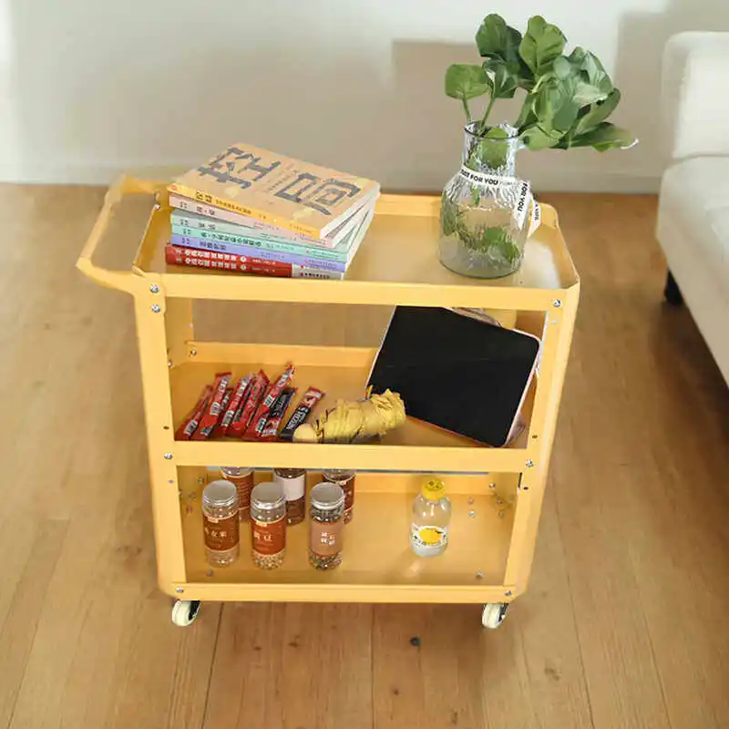 Three Tier Silent Brake Mobile Iron Shelf Sofa Edge Side Table Plant Holder Utility Wagon Waterproof Matte Paint Free Moving