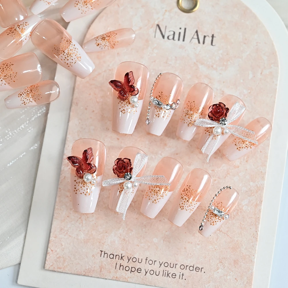 24 Uds. De lazos elegantes y Camelia, uñas postizas francesas con mariposas rojas en 3D, diamantes de imitación de resina, ataúd largo, puntas de extensión de uñas postizas