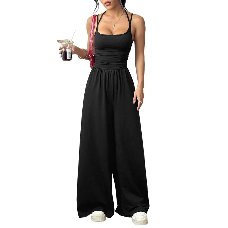 

Womens Summer Wrap Chest Jumpsuit Loose Wide Leg Casual Pants