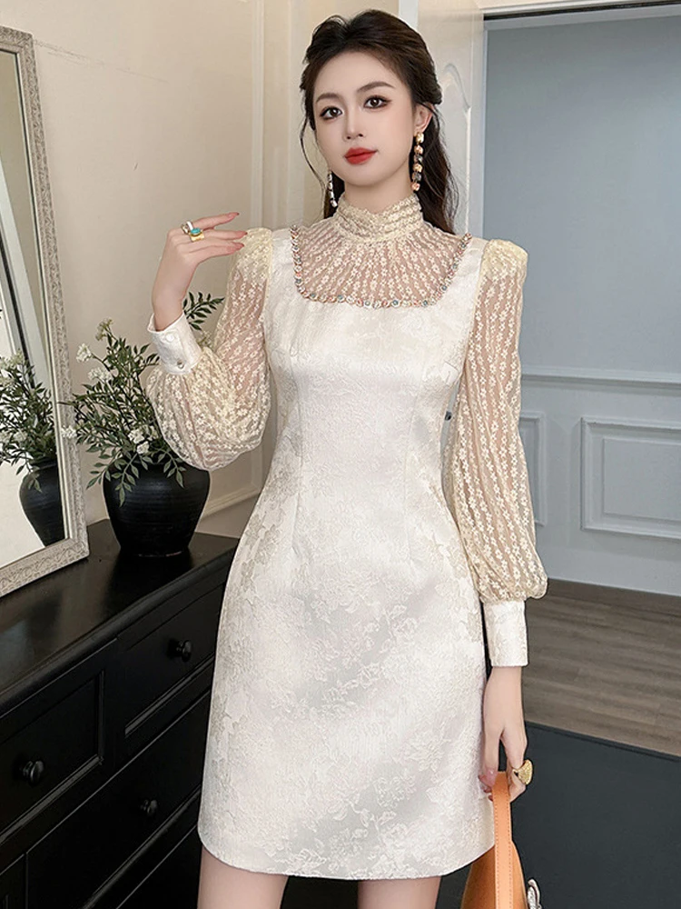 Celebrity Evening Dress Exquisite See Through Lace Flowers Splice Color Diamonds Short Gown Prom Birthday Party Banquet Vestidos