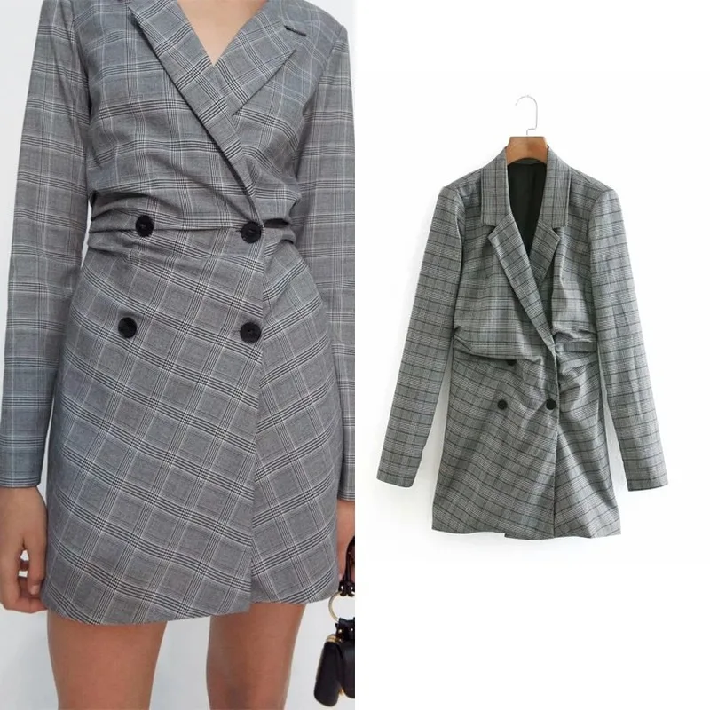 

Long Plaid Blazer Dress Women Double Breasted Dress Style Blazer Office Lady Formal Clothing Commute Blazer Suit Sexy Elegant