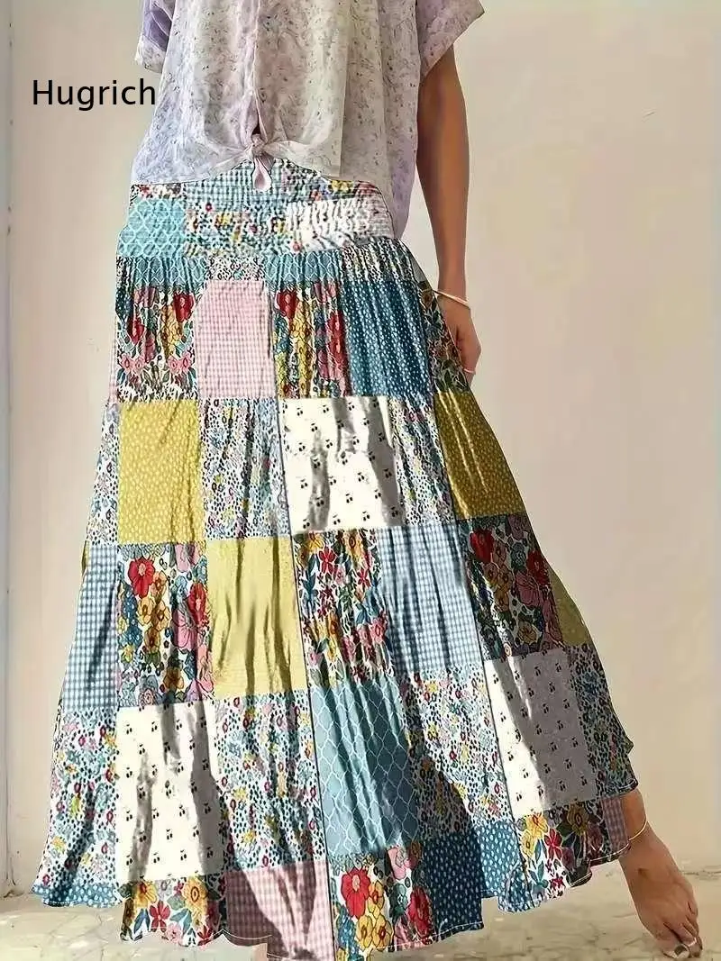 Women Flow Long Tiered Skirt Mixed Patchwork Floral Prints Elastic High Smocked Waist Bohemian Maxi Bottom For Daily Holiday