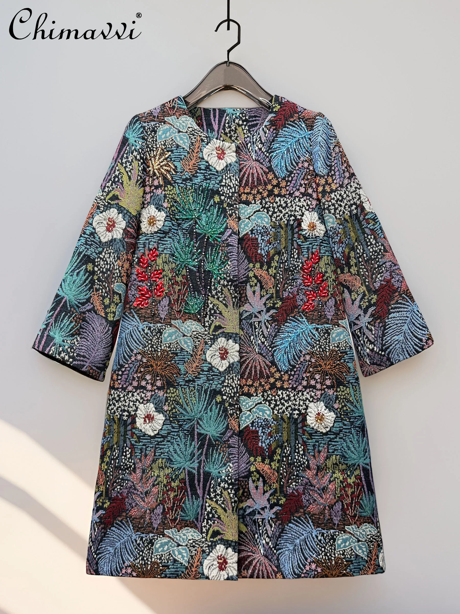 

Autumn New Fashion Retro Colorful Embroidery Beaded Round Neck Mid-Length Coat High-End Long Sleeve Loose Colorful Jacket