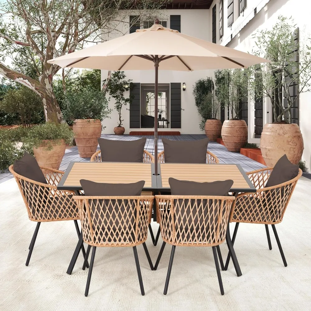 

7-Piece Outdoor Patio Dining Set for 6,Wicker Rattan Outdoor Furniture Set with Umbrella Hole,6 Wicker Chairs with Cushion and P