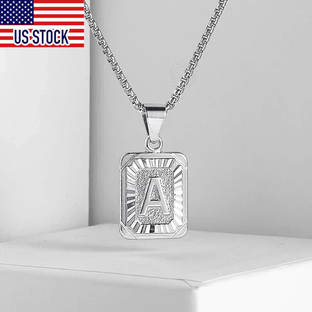 Silver Color Square Initial Letter Necklace for Men Women A- Z 26 Alphabet Charm Stainless Steel Box Chain 18-22 inch GPM11