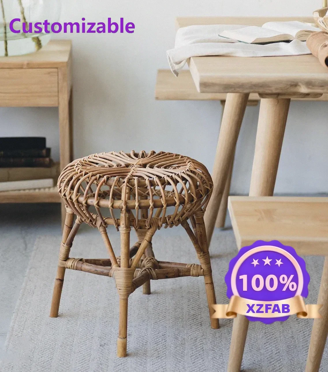 Factory Direct 2026 Retro small rattan round stool simple household woven jellyfish  dressing stool bed and breakfast dining
