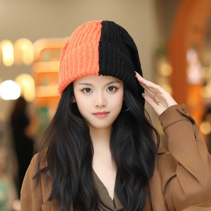 Korean Cute Contrast Color Rabbit Ear Knitted Hat Winter Keep Warm Beanie For Women