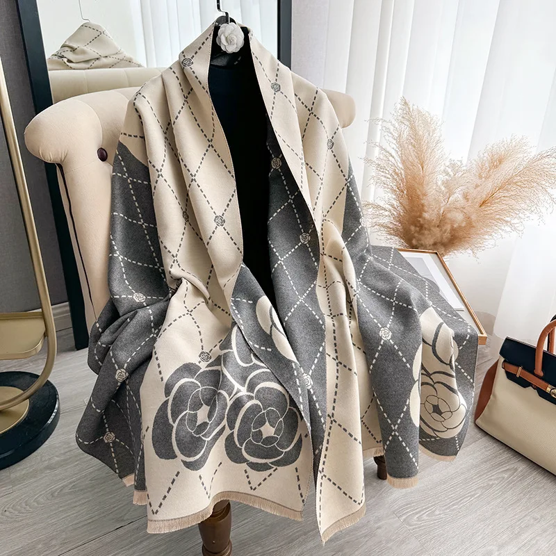 New Cashmere Scarf Women Design Thick Blanket Pashmina Warm Shawl Wrap Neckerchief Female Plaid Bufanda Winter Bandana 2024