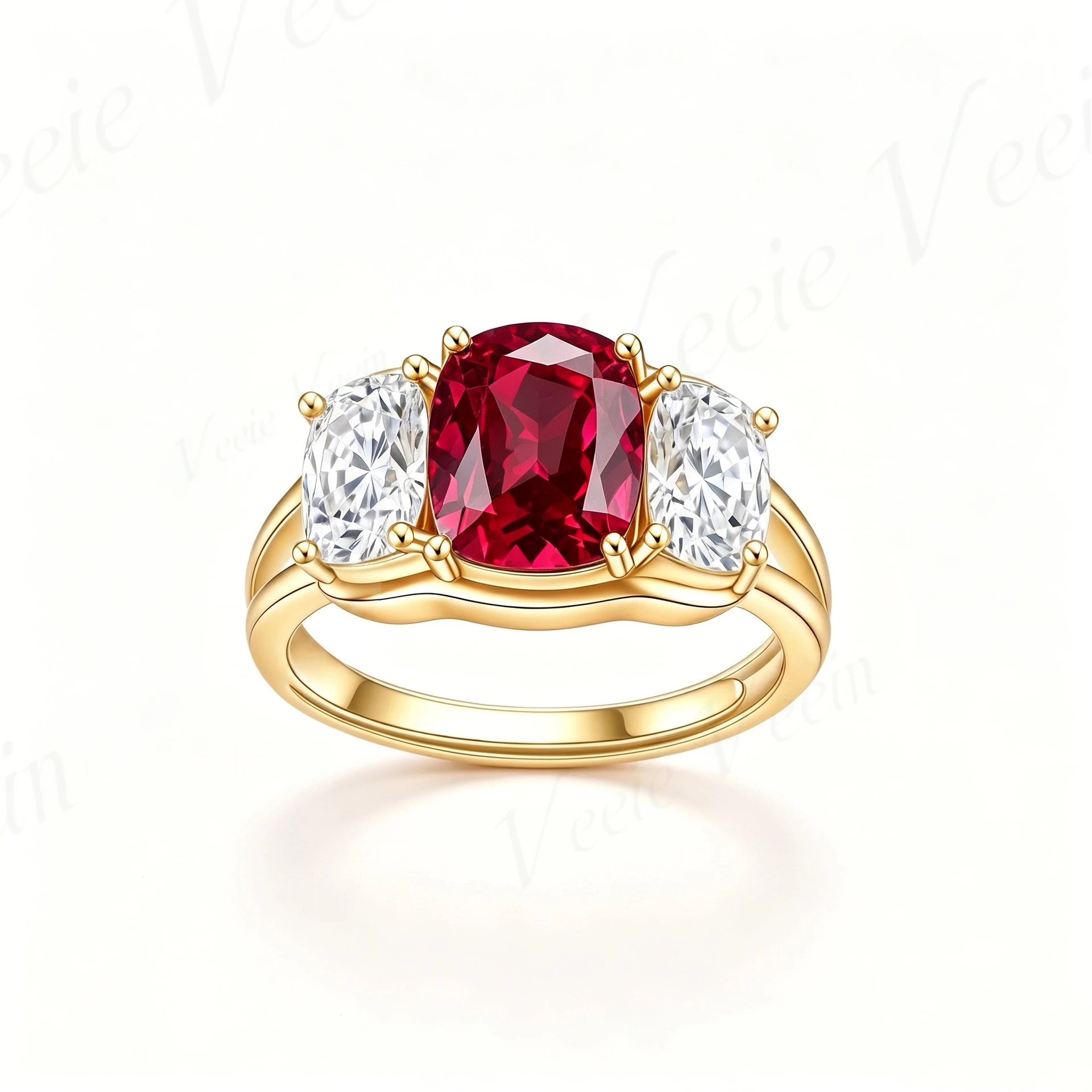 Veeie Veein Jewelry Solid S925 Silver Three-Stone Ring Lab Grown Pigeon Blood Ruby Royal Blue Sapphire Emerald Ring
