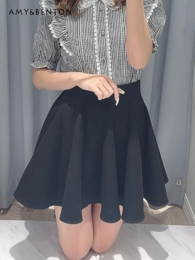 

Japanese Sweet Cute High Waist Slim A-line Skirts Simple Big Hem Black Skirt Women All-Match Fashion Preppy Style Black Skirt