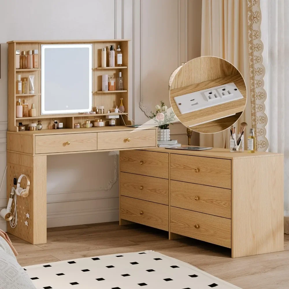 Makeup Vanity Desk with large mirror and lights&Charging Station,with 8 Storage Drawers and 8 Shelves Corner Makeup Vanity Table