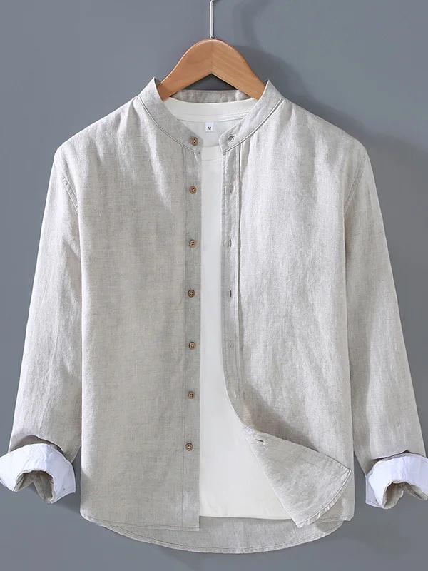 

Новая мужская рубашка в китайском стиле из чистого льна: дышащая, легкая, цветная, минималистичный дизайн, повседневная, полностью льняная, для отдыха