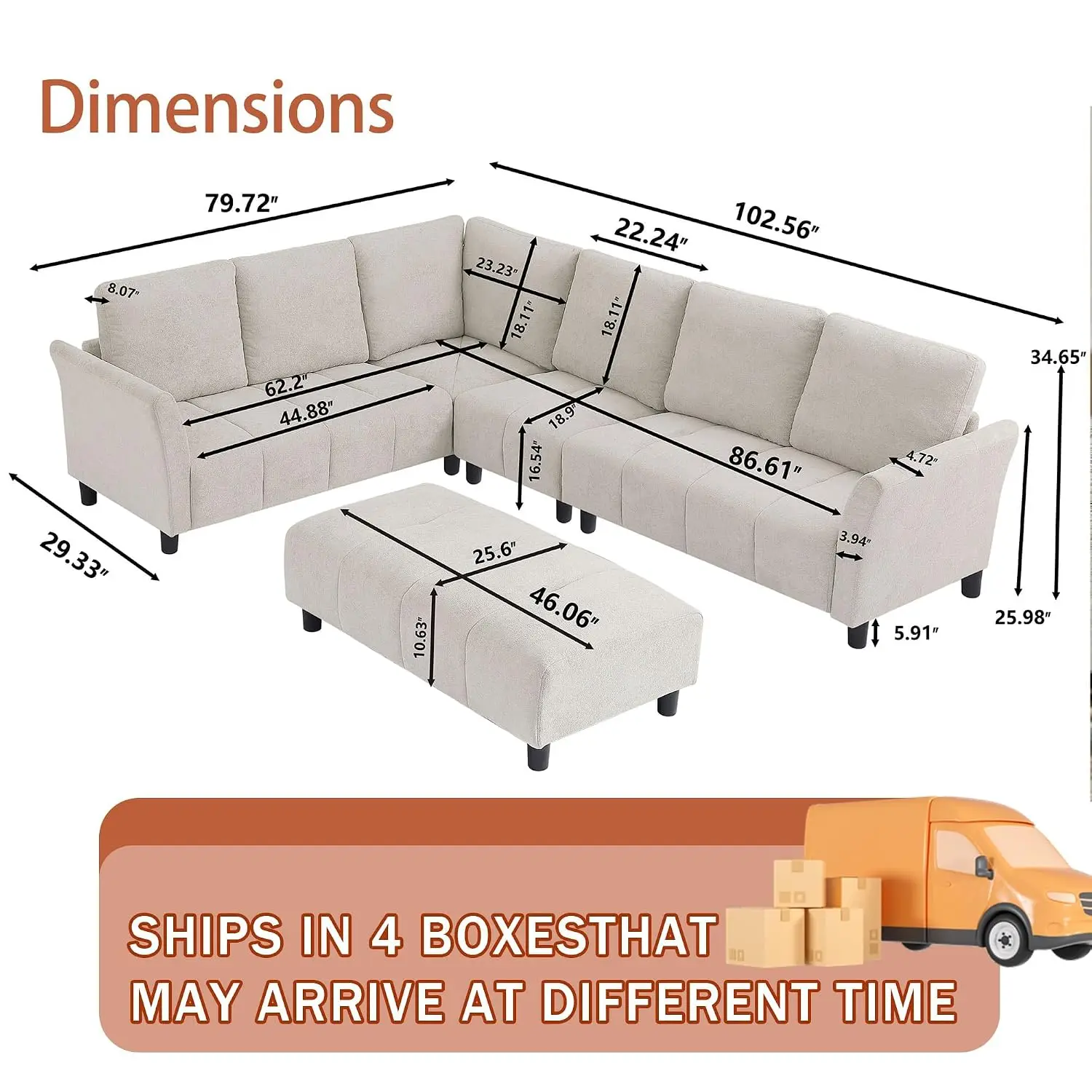 Modular L Shaped Sectional Sofa with Reversible Ottoman, 6-Seater Convertible Linen Couch for Living Room Apartment, Customized