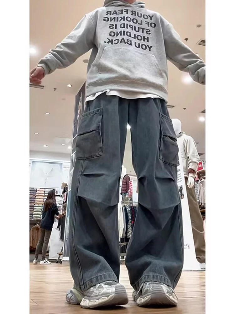 

American Retro Men's Workwear Jeans Multiple kets Wide Leg Loose Fit Straight Leg Pants Youthful Trendy Summer Jeans