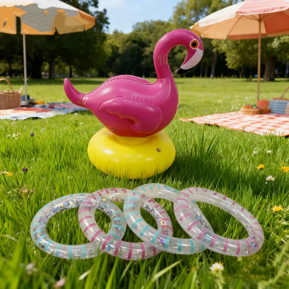 ชุดของเล่นเป่าลม PVC สำหรับเล่นกลางแจ้ง พร้อมห่วง 4 วง เกมโยนห่วงรูปนกฟลามิงโก สำหรับการแข่งขันกีฬา