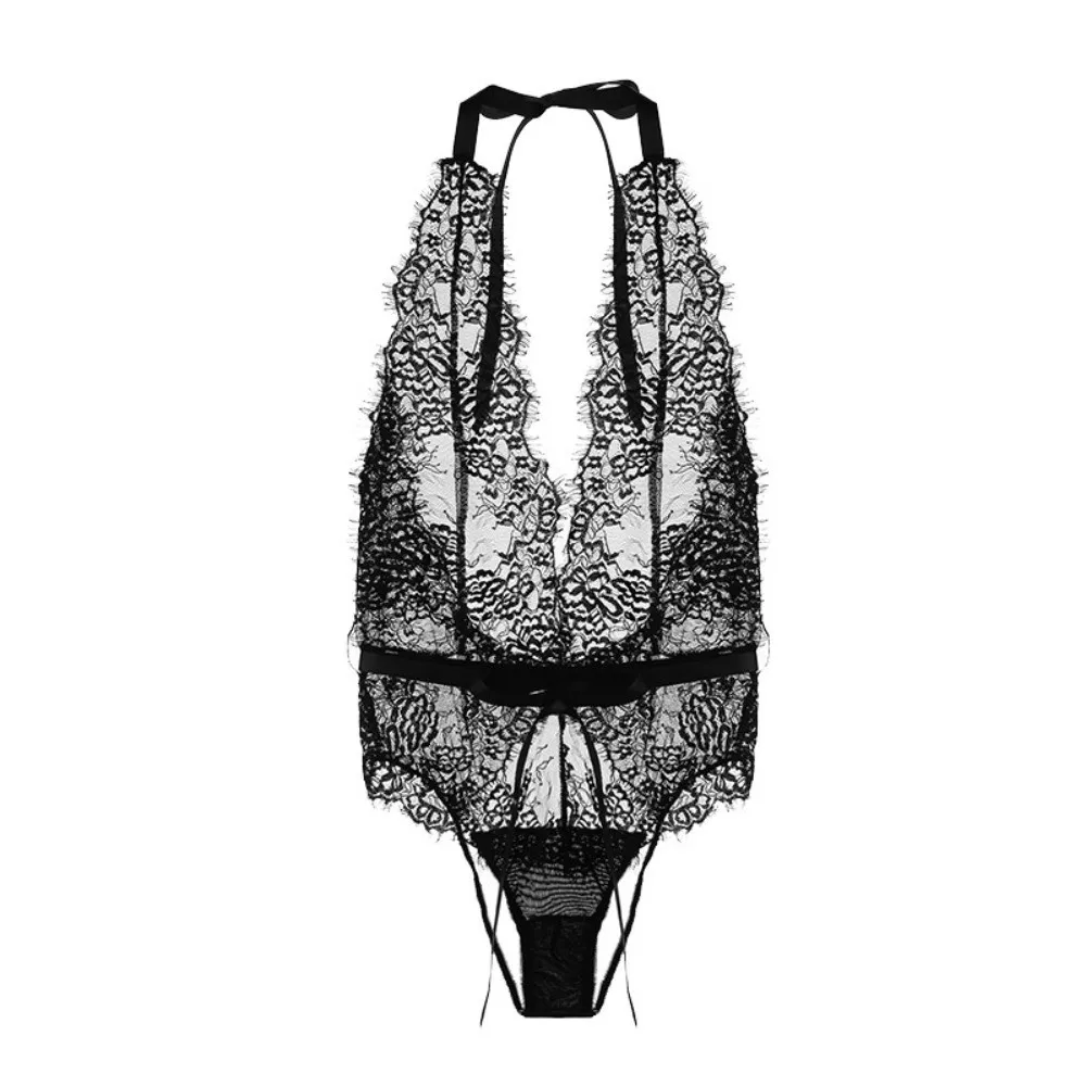 

Lingerie Mesh Hollow Lace Bodysuit Backless Transparent See-Through Underwear Seductive Alluring Deep V Nightwear Ladies
