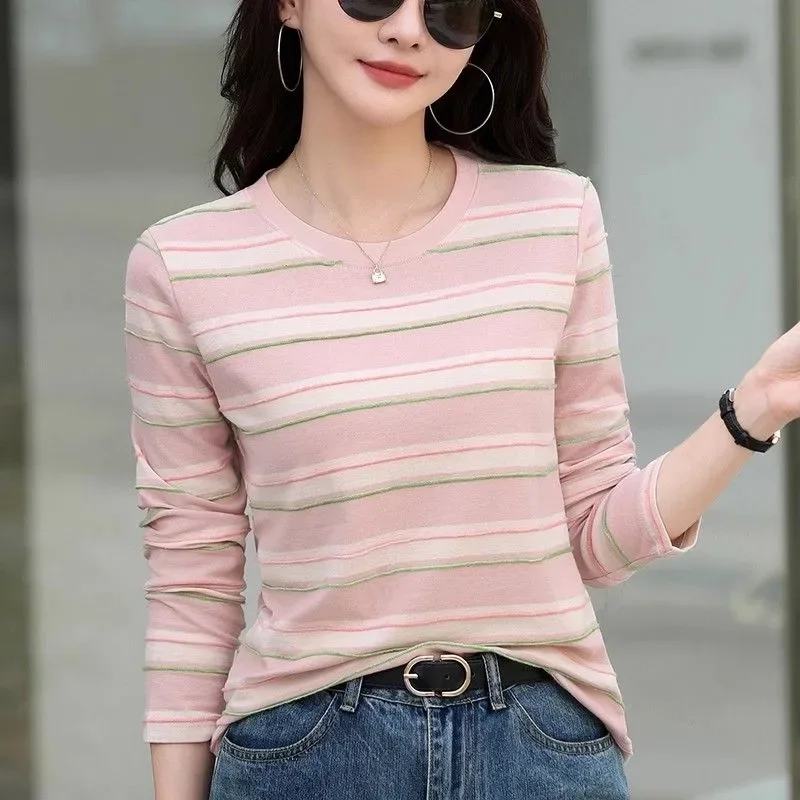 Women's Pastel Striped Crew Neck Long Sleeve T-Shirt Casual Cotton Blend Top
