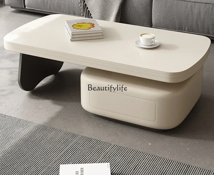 Electric lifting coffee table dining table dual-purpose multi-function folding dining table two-in-one cream wind