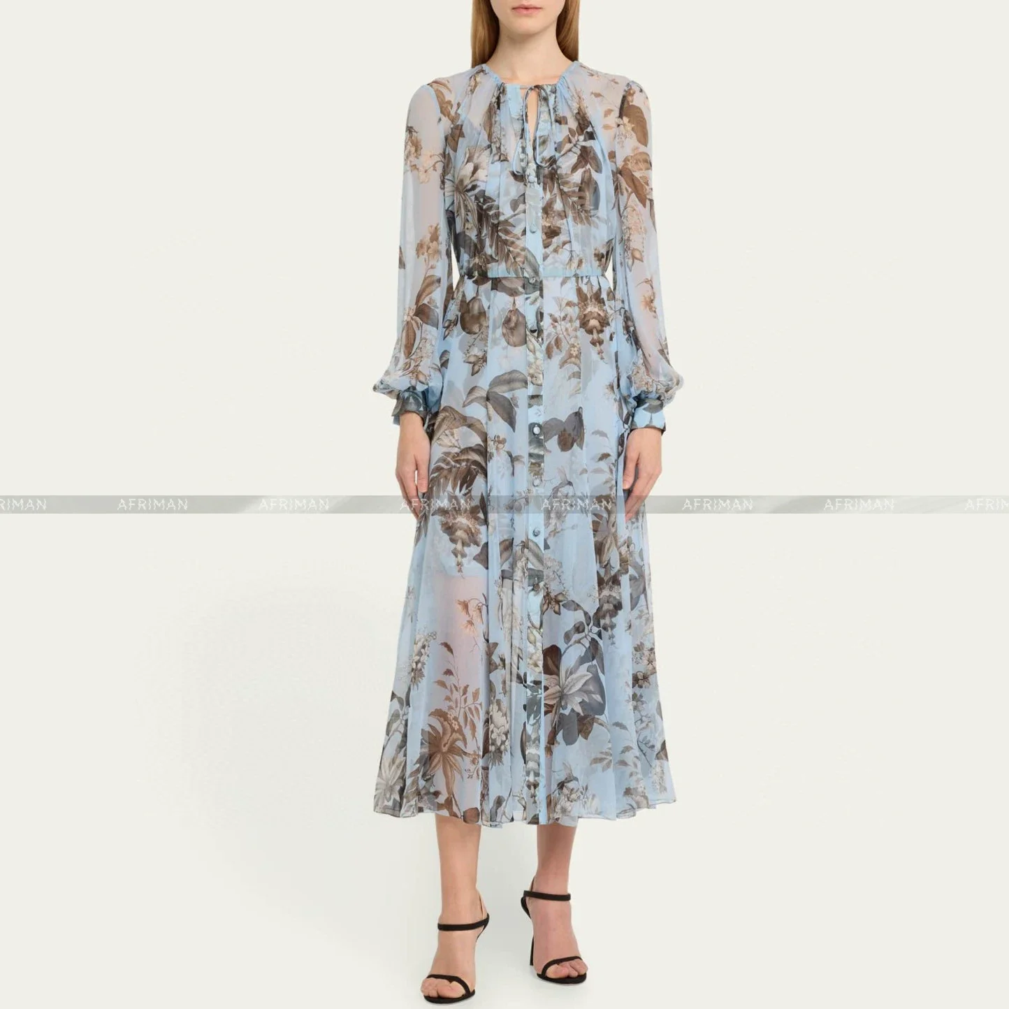 

2024 New Women Silk Blue Cornflower Print Long Sleeve High Waist Slimming Long Dress