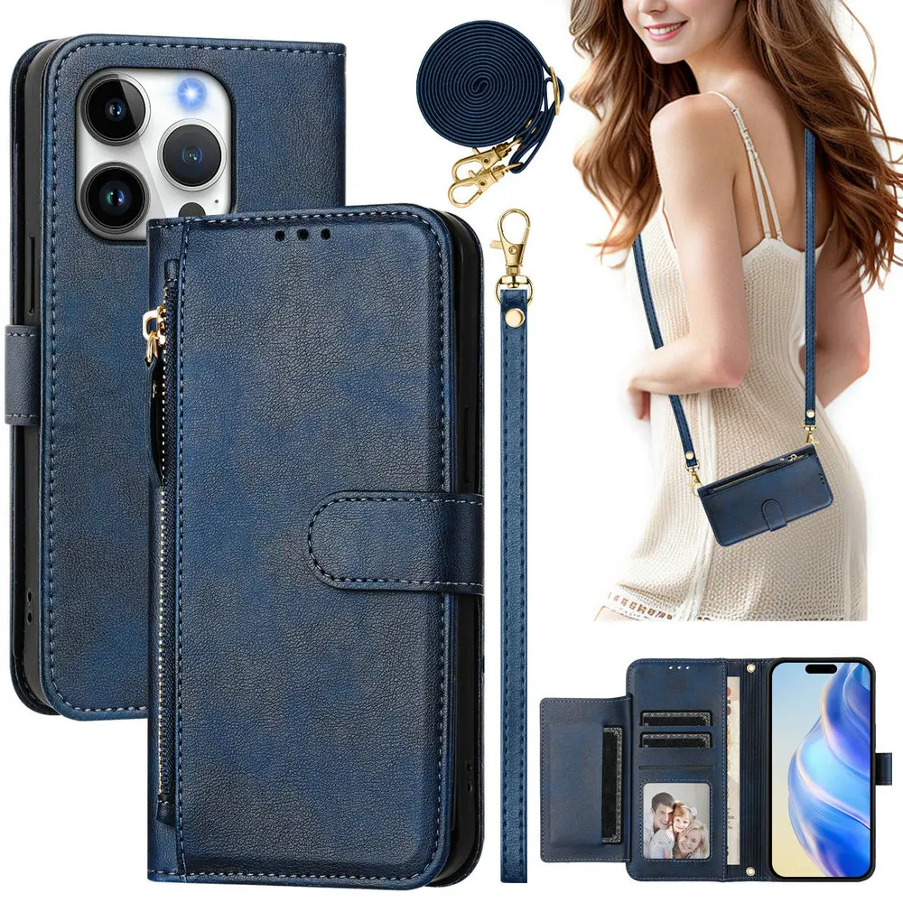 

For iPhone 16E 5G Luxury Case Crossbody Zipper Leather Card Etui For iPhone 16 15 14 13 12 Pro Max 16 Plus 13 Mini Flip Cover