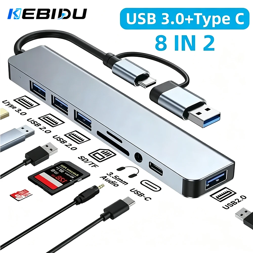 KEBIDU USB 3.0 Type C Adapter Docking Ststion USB 2.0 Port TF SD Card Reader Audio Output Multi-hub Splitter for Computer Laptop