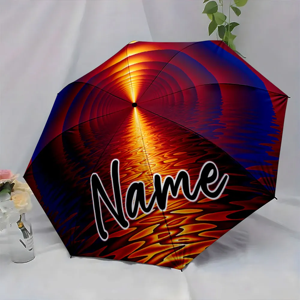 Custom Name Vibrant Sunset Tunnel Umbrella Design 8 Iron Ribs Folding Umbrella Auto-Open Fashionable Sunshade Deluxe Gift