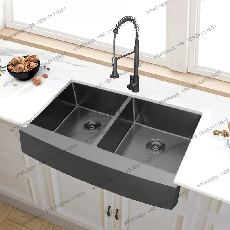 European American half apron edge black sink double sink 304 stainless steel kitchen washing vegetables