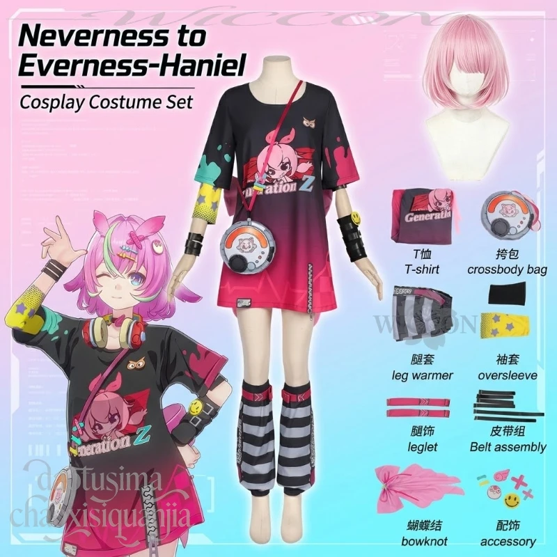 

Haniel Costume Y2K Fashion Long Tshirt Kawaii Leg Sleeve Wigs Bag Jirai Kei Halloween Cosplay Anime Game Neverness To Everness