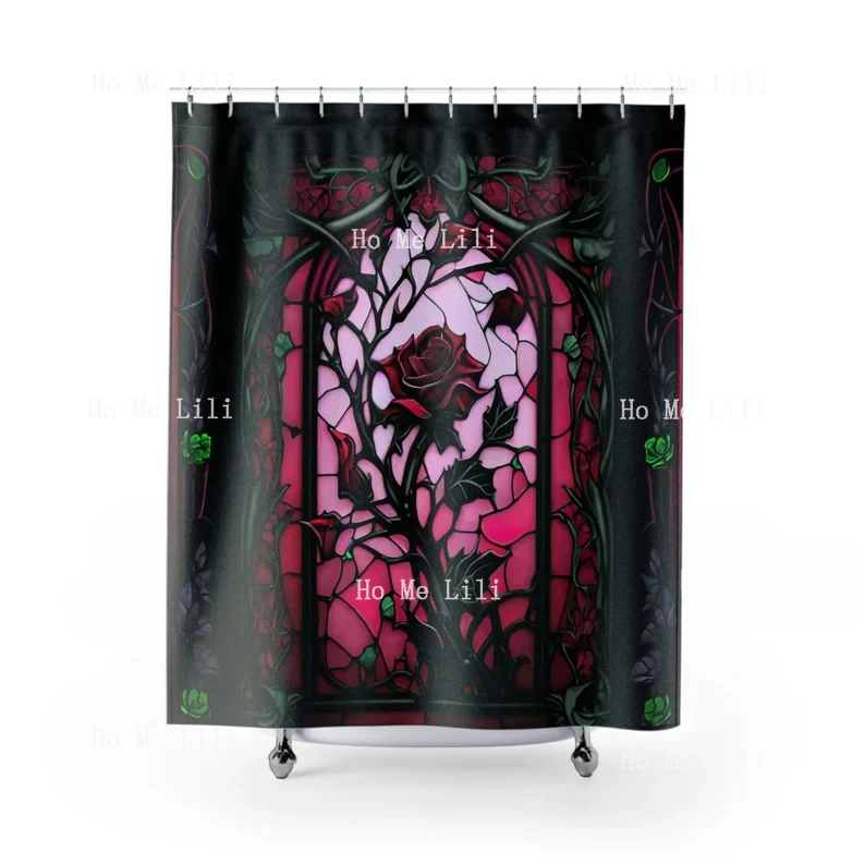 Gothic Stained Glass Rose Halloween Shower Curtain Halloween Spooky Decor Haunted Bathroom