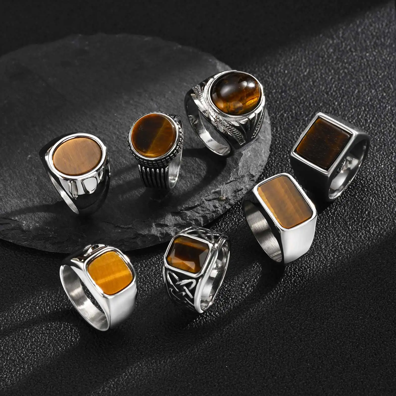 Vnox Herren-Siegelring aus Edelstahl, Fingerring mit natürlichem Tigerauge-Stein, Vintage-Statement-Schmuck, Geschenk für Freund, Vater – Detail 7