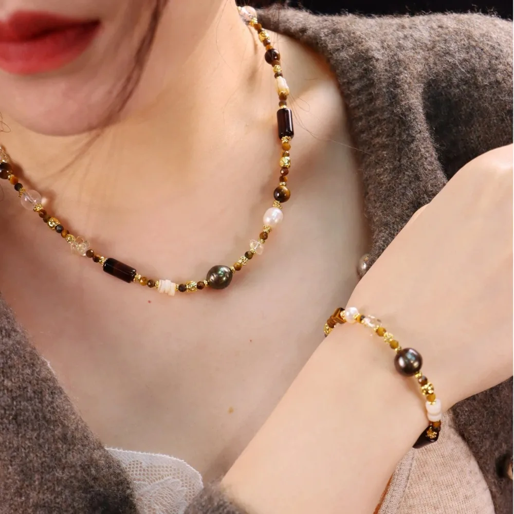 

Fashion Retro High-end Tiger Eye Stone Bracelet Light Luxury Niche Commuting Versatile Design Personalized Necklace Jewelry Set