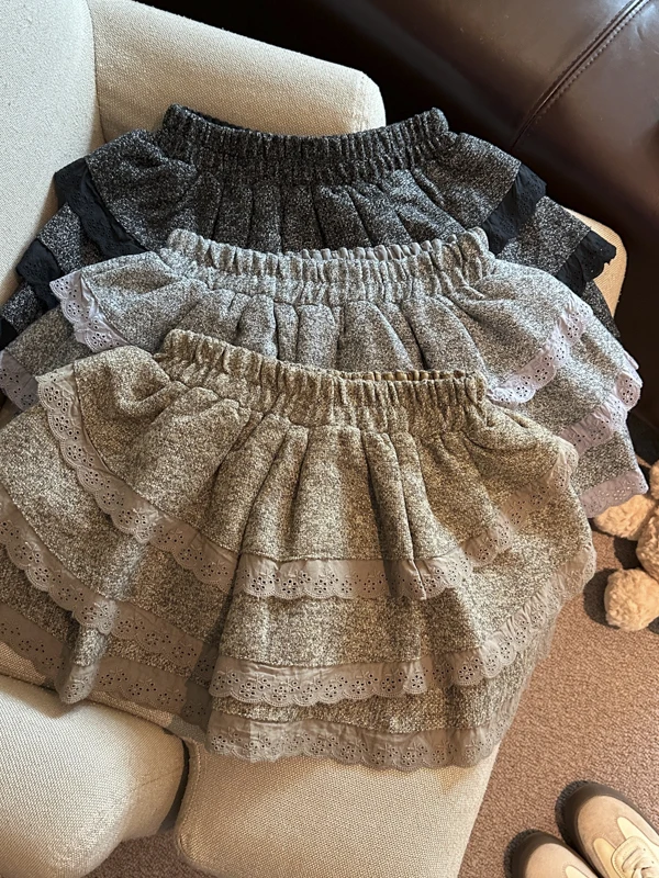 レトロレーストリム多層バレエスカート-レディース-秋冬雰囲気-ハイウエストaラインミニスカート-ケーキスカート