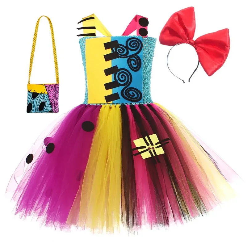Halloween Cosplay Costume Scary Sally Dress Bag Headwear Set Dress Up Holiday Theme Party Role Playing Outfits for Adult Women
