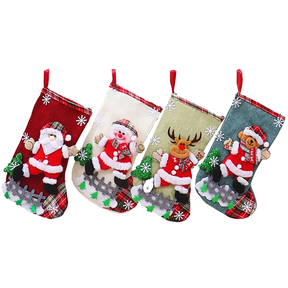 

4Pcs Christmas Ornament Sock Large Capacity Cute Stockings Bag Plush Santa Claus/Snowman/Bear/Elk for Xmas Tree Fireplace