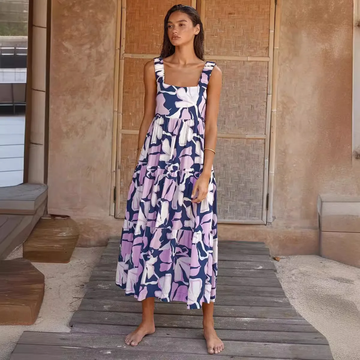 夏のビーチフローラルプリントロングドレス レディース フロア丈Aラインガウン ハイウエスト ポリエステル素材 ベイオニック スリーブレス 薄手生地