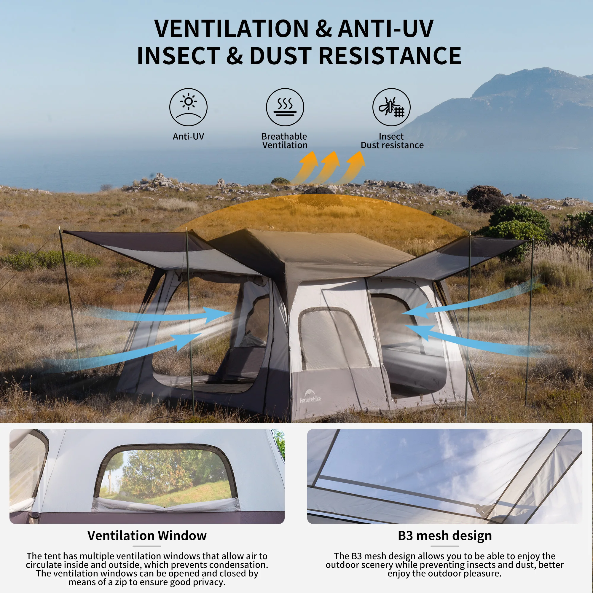 Naturehike Cape 8.3 Square Quick Opening Tent Sturdy Durable Three Sided Ventilated Internal Storage With Windows Sturdy Durable